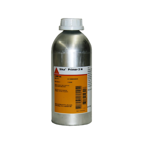 Sika Primer-3 N silver bottle, solvent-based epoxy adhesion promoter for secure sealant bonds on concrete & metals