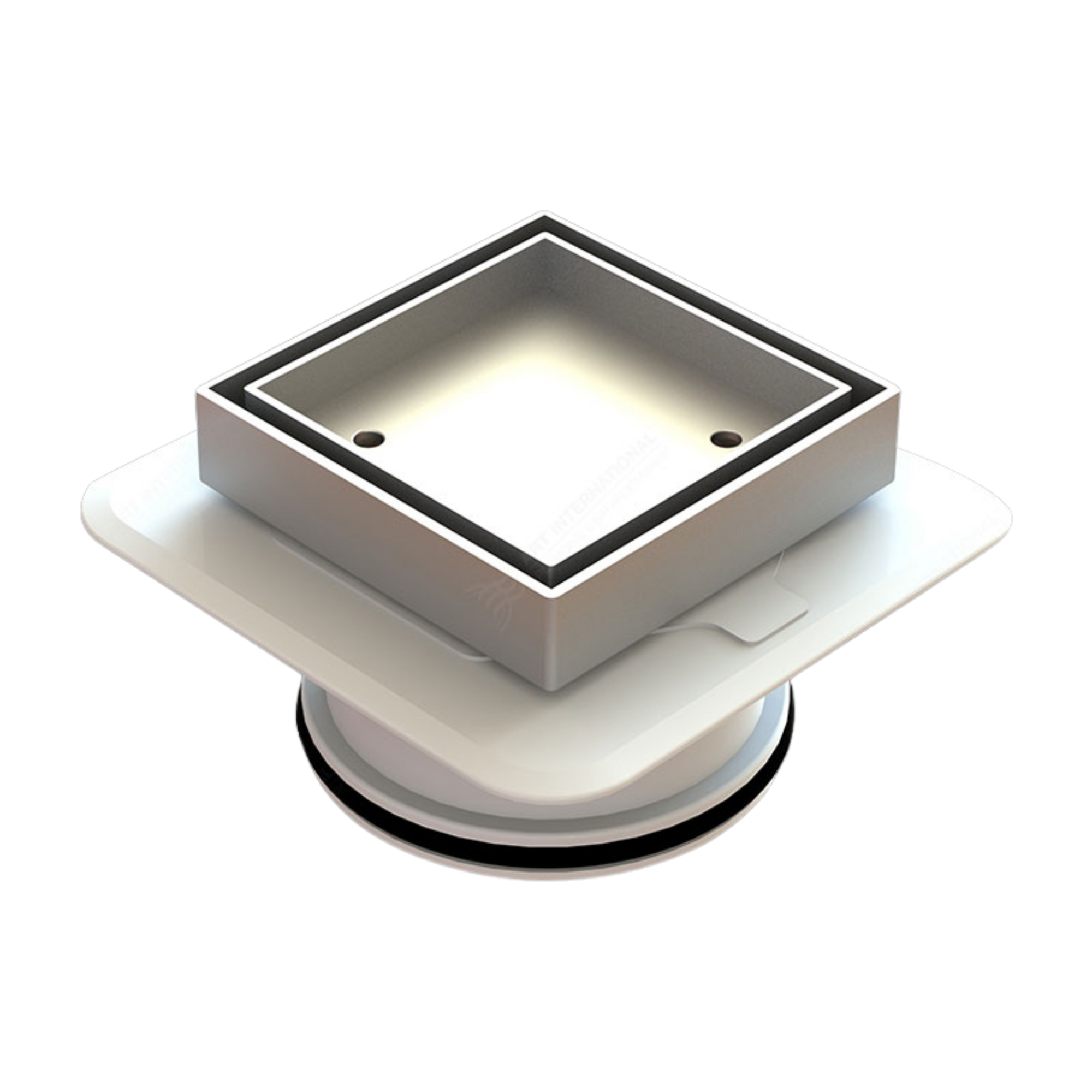 Square Bermuda Lowline Megaflex™ 100x100mm floor waste: flush brass grate on flexible ABS base for tiled wet areas, waterp...