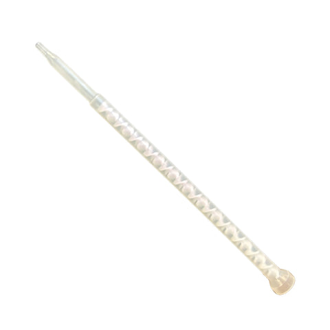 White static mixer nozzle for Megapoxy PM cartridge, helical element mixes epoxy for secure joint bonding.