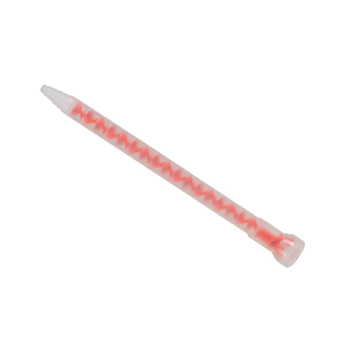 Red static mixer nozzle for MC228 caulking gun: helical elements mix multi-colour sealant for uniform joint sealing.