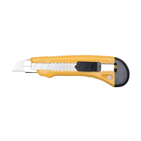 Sterling 18mm yellow plastic cutter with metal sleeve, safety lock prevents slips for precise trade cuts in membranes, gla...