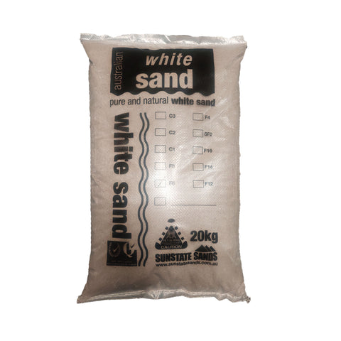 20kg Sunstate Dried Silica Sand bag, pure white F4-F8 grades for epoxy flooring fillers, grouts, adhesives & concrete repair.