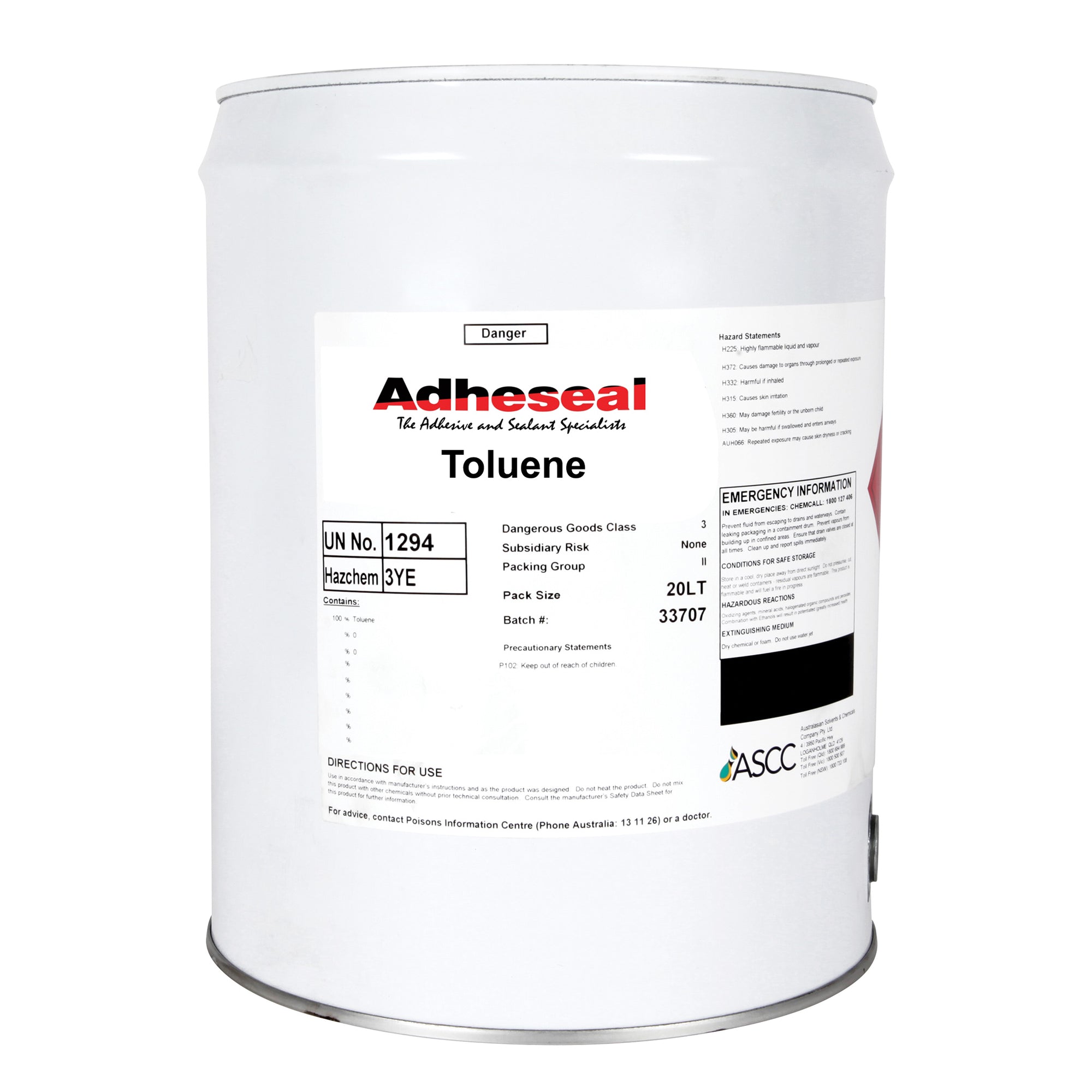 Adheseal Toluene 20L drum, solvent removes polyurethane sealants, spray adhesives from benchtops, glass. Dangerous Goods C...