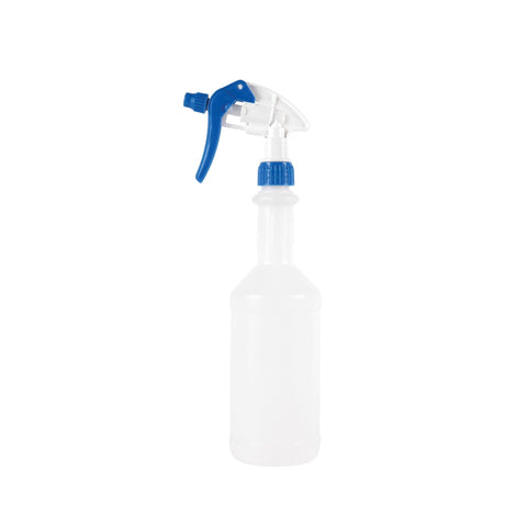 750ml white plastic trigger spray bottle with blue head for dispensing polyurethane sealant cleaners and waterproofing prep.