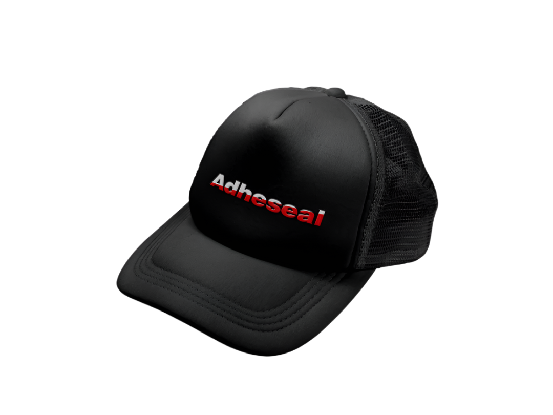 Adheseal black trucker cap with mesh back, provides head protection from Australian sun on job sites.