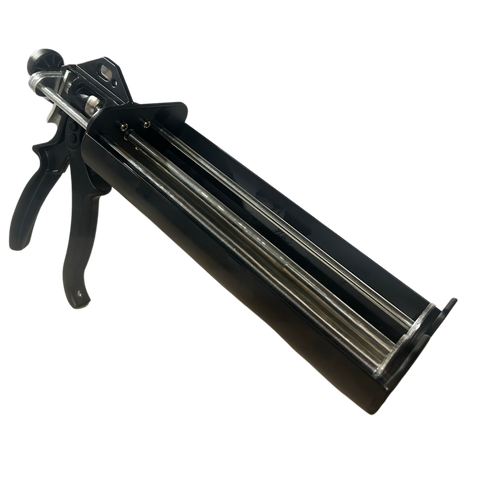 Heavy-duty black twin cartridge gun for 2x300ml two-part sealants, precise dispensing for secure joint bonding.