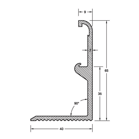 90mm high 1-leg aluminium waterstop profile: bullnose seals screen to waterproofing membrane, tile gauge ensures screed fall.