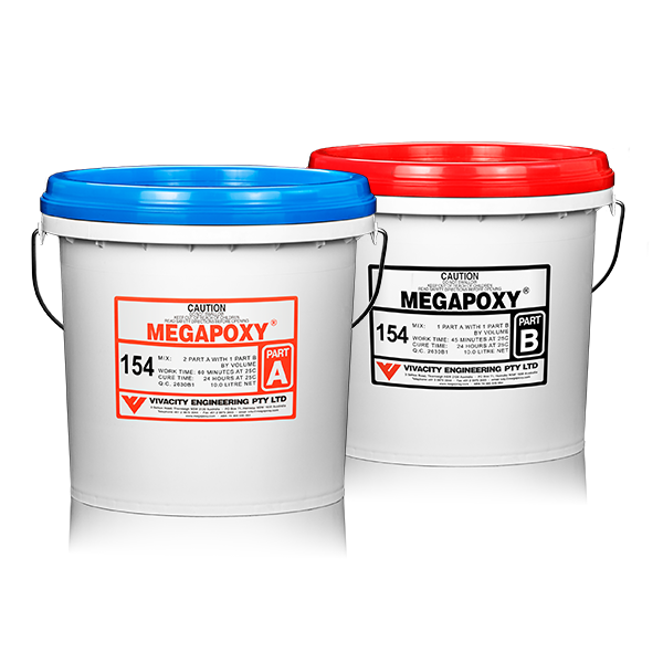 Megapoxy 154 two-part water-based epoxy in blue Part A & red Part B pails: primes damp concrete, moisture barrier for memb...