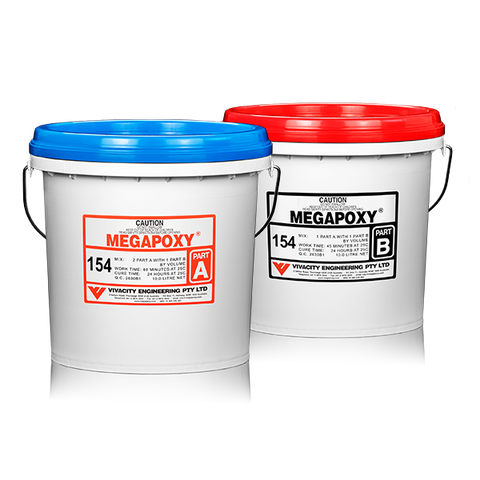 Megapoxy 154 two-part water-based epoxy in blue Part A & red Part B pails: primes damp concrete, moisture barrier for memb...