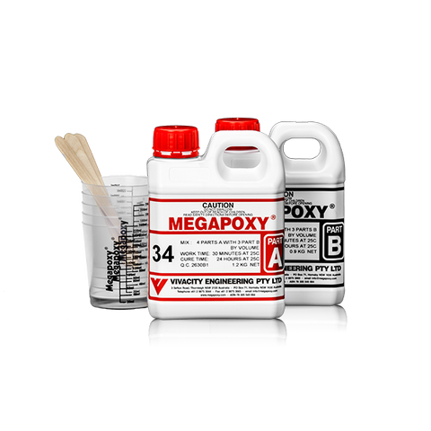 Megapoxy 34 two-part epoxy resin kit: Part A & B bottles, mixing cup, stirrer for void-free electrical potting & cable joi...