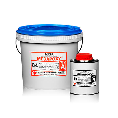 Megapoxy 84 two-part epoxy adhesive kit: white pail (Part A), red-capped tin (Part B) for 120°C ceramic tile bonds to stee...