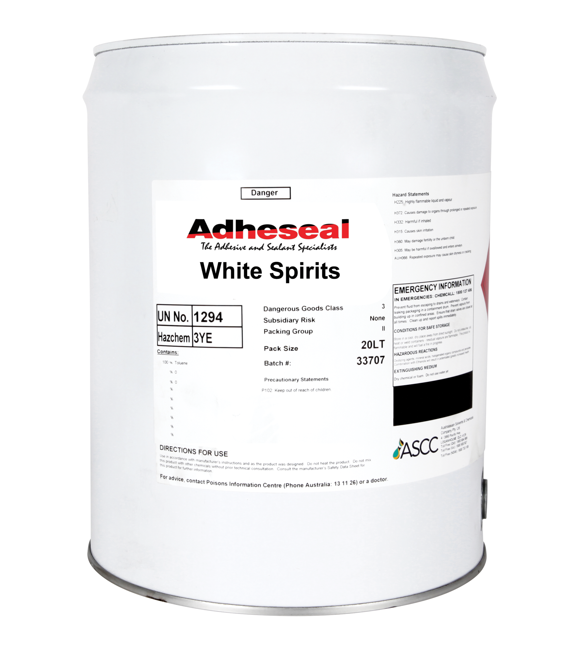 Adheseal 20L White Spirits drum, mineral turps solvent for tool cleaning, surface prep and paint thinning in construction.