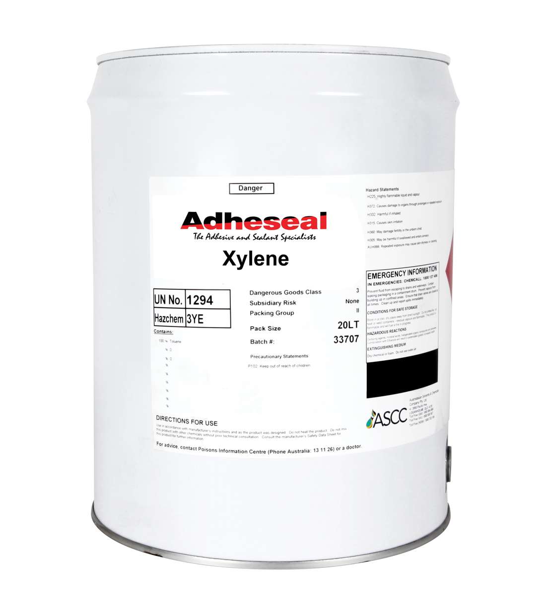 Adheseal Xylene 20L solvent drum thins solvent-based sealants, cleans grease/oil from stone, glass, metal in construction ...